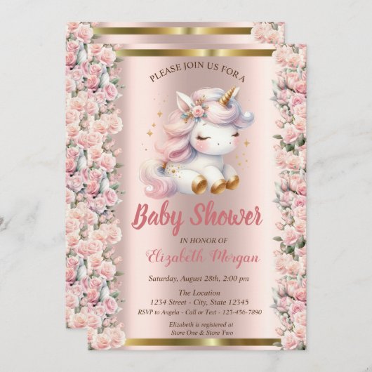 エレガントなキュートなユニコーンとバラのローズゴールドのベビーシャワー 招待状 (正面/裏面)