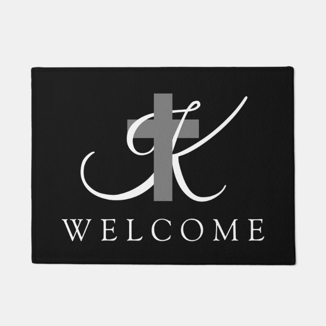 エレガントなキリスト教の信頼のモノグラムの宗教十字 ドアマット (正面)