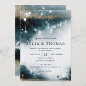 エレガントなギャラクシー ブルー ゴールド スターズ ウェディング 招待状 (正面/裏面)