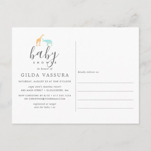 エレガントなギラフとゾウのベビーシャワー招待状 インビテーションポストカード (裏面)