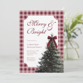 エレガントなギンガムチェックの赤いリボン クリスマスディナーパーティー 招待状 (スタンド正面)