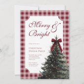 エレガントなギンガム 赤いリボン クリスマス ディナー パーティー 招待状 (正面)