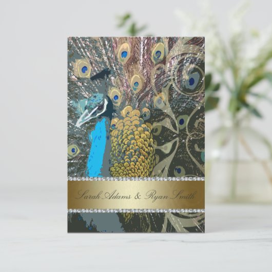 エレガントなクジャクのゴールドの披露宴招待状 招待状 (スタンド正面)