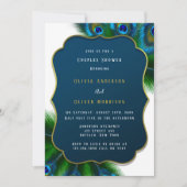 エレガントなクジャクの羽とゴールドのカップルシャワー 招待状 (正面)