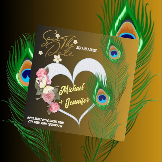 エレガントなクジャクの羽とバラのカスタム結婚式 セーブザデート