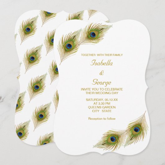 エレガントなクジャクの羽のウェディング 招待状 (正面/裏面)