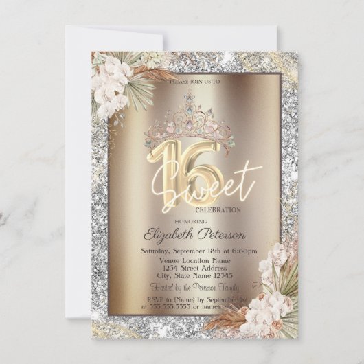 エレガントなクラウンフラワーがスパークル きらきらと輝くスイート16 招待状 (正面)