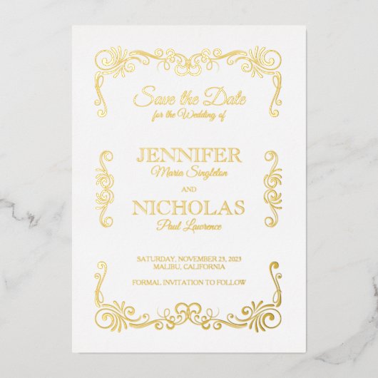 エレガントなクラシックとヴィンテージのフォーマルウェディング 箔招待状 (正面)