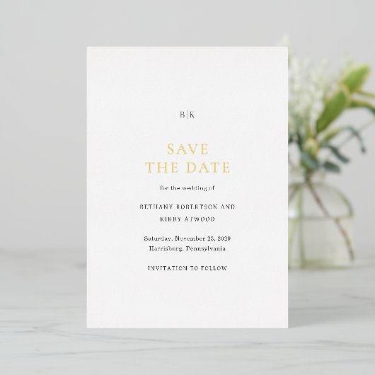 エレガントなクラシックウェディングのSave the Date 箔招待状 (立ち正面)