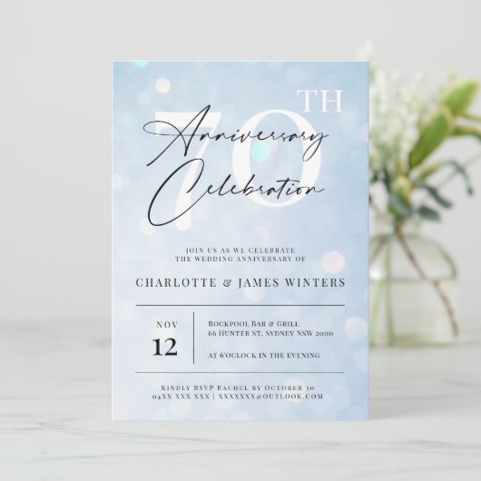 エレガントなクラシックブルーの水彩画 70周年記念 招待状 (スタンド正面)