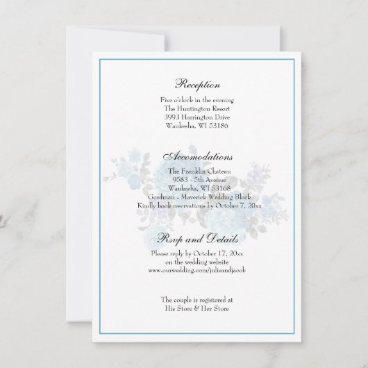 エレガントなクラシックブルーの花柄の結婚式の披露宴 招待状 (正面)