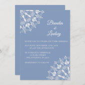 エレガントなクラシックモダン ダスティーブルーとホワイトの花柄 招待状 (正面/裏面)
