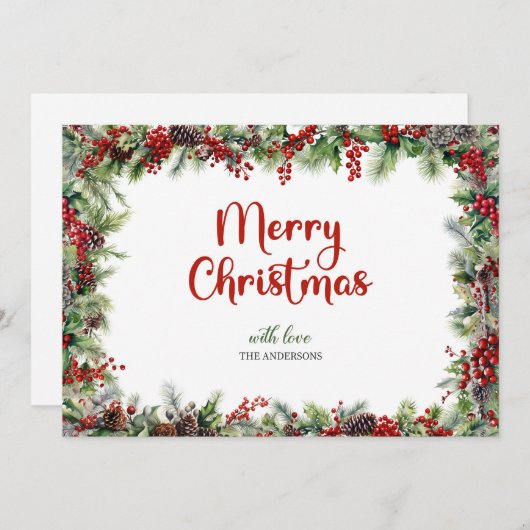 エレガントなクラシック水彩画の赤いホーリーベリー シーズンカード (正面/裏面)