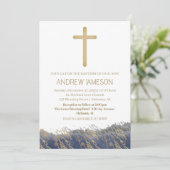 エレガントなクリスチャン ブルー ゴールド クロス | 洗礼 招待状 (スタンド正面)