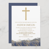 エレガントなクリスチャン ブルー ゴールド クロス | 洗礼 招待状 (正面/裏面)