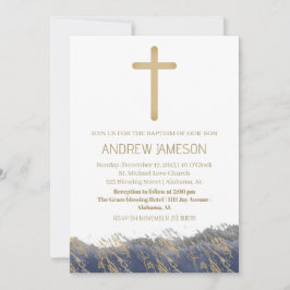 エレガントなクリスチャン ブルー ゴールド クロス | 洗礼 招待状