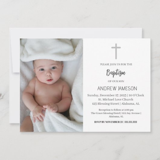 エレガントなクリスチャン ブルー ラウンド フォト  | 洗礼 招待状 (正面)