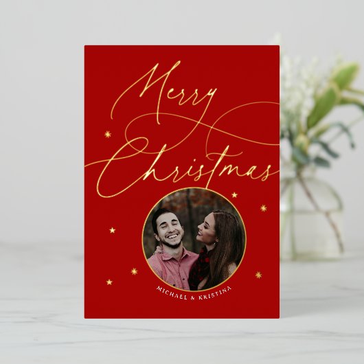 エレガントなクリスマスのエンゲージメント・カリグラフィー写真 箔シーズンカード (立ち正面)