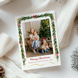 エレガントなクリスマスのグリーンリースとリボンのガーランド 1枚の写真 シーズンカード
