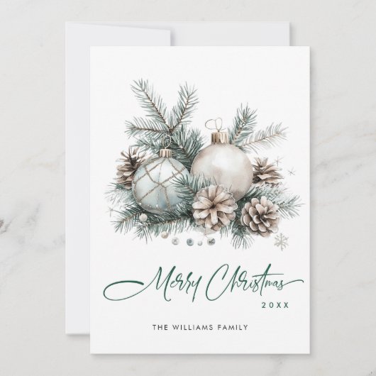 エレガントなクリスマスのサージグリーンオーナメントの挨拶 シーズンカード (正面)