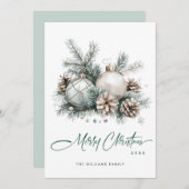 エレガントなクリスマスのサージグリーンオーナメントの挨拶 シーズンカード (正面/裏面)
