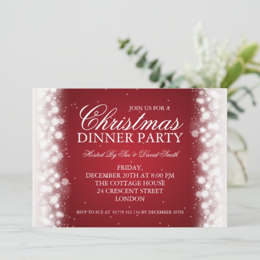 エレガントなクリスマスのディナー・パーティの魔法の輝きの赤 招待状 (スタンド正面)