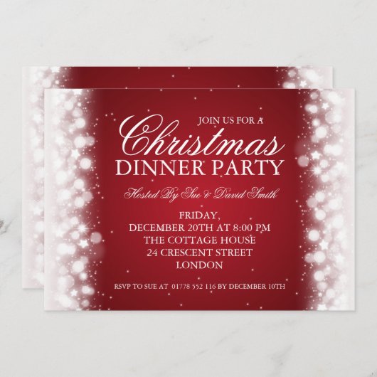 エレガントなクリスマスのディナー・パーティの魔法の輝きの赤 招待状 (正面/裏面)