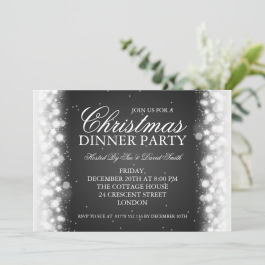 エレガントなクリスマスのディナー・パーティの魔法の輝きの黒 招待状 (スタンド正面)