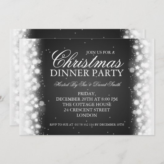エレガントなクリスマスのディナー・パーティの魔法の輝きの黒 招待状 (正面/裏面)