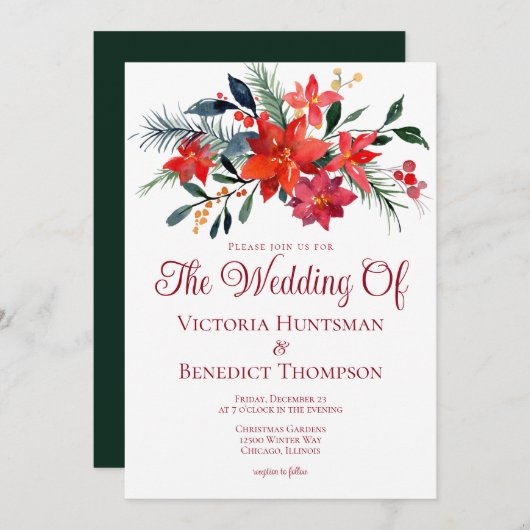 エレガントなクリスマスのポインセチアの花の冬の結婚式 招待状 (正面/裏面)