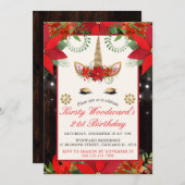 エレガントなクリスマスのポインセチアユニコーンバースデーパート 招待状 (正面/裏面)