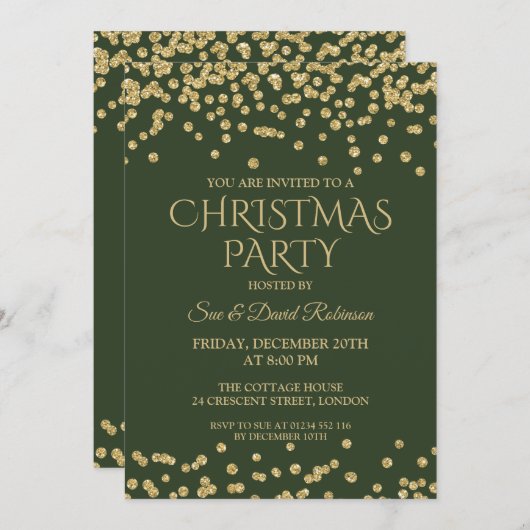 エレガントなクリスマスの休日のパーティの金ゴールドの緑のグリッター 招待状 (正面/裏面)
