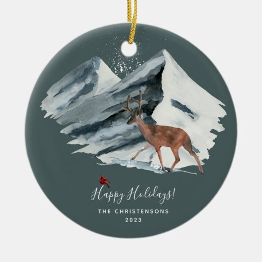 エレガントなクリスマスの冬の山の景色の写真 セラミックオーナメント (正面)