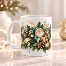 エレガントなクリスマスの植物画マグカップ – ティールサンタとゴ