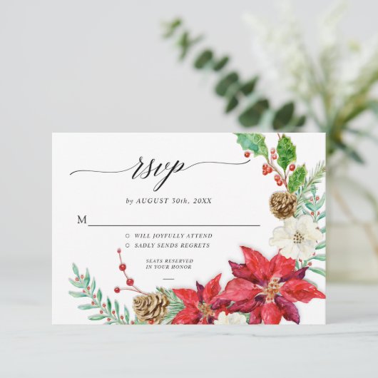 エレガントなクリスマスの花のバーガンディレッドの葉の返信 招待状 (スタンド正面)