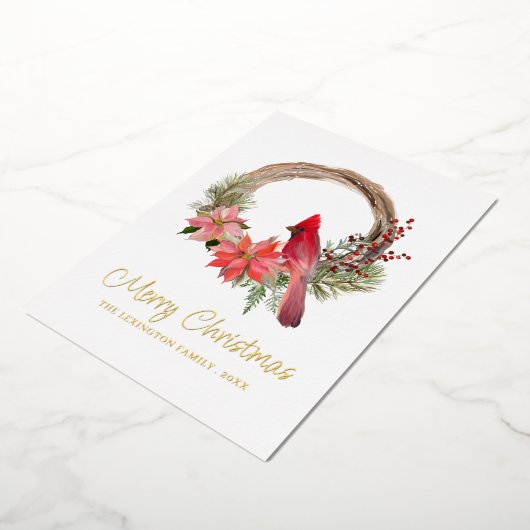 エレガントなクリスマスの赤いカーディナル鳥のモノグラム 箔シーズンカード (回転した状態)