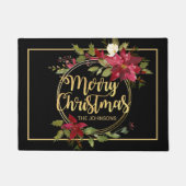 エレガントなクリスマスの赤く黒いポインセチアの花柄 ドアマット (正面)