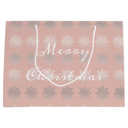 エレガントなクリスマスの雪片の銀のばら色の金ゴールド ラージペーパーバッグ (正面)