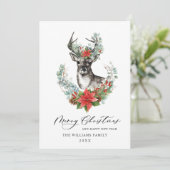 エレガントなクリスマスの鹿とポインセチアのグリーティング写真 シーズンカード (スタンド正面)