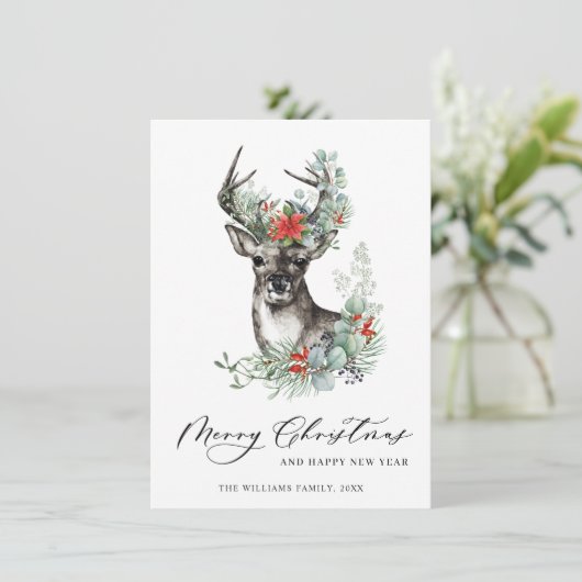 エレガントなクリスマスの鹿とポインセチアのグリーティング シーズンカード (スタンド正面)