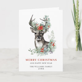 エレガントなクリスマスの鹿とポインセチアの挨拶 シーズンカード