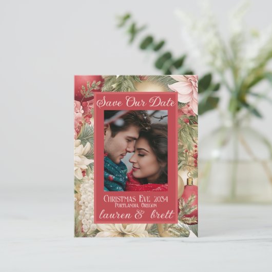エレガントなクリスマスイブのロマンチックなウェディングフォト 案内ポストカード (スタンド正面)