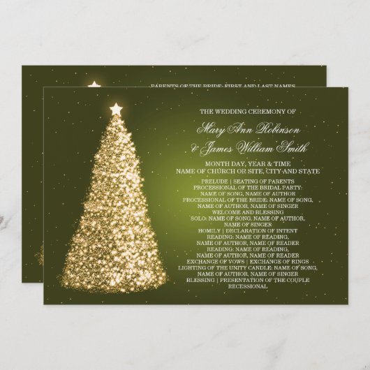 エレガントなクリスマスウェディングプログラム ゴールド グリーン 招待状 (正面/裏面)