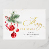 エレガントなクリスマスオーナメント 赤いボール 2枚の写真 ゴールド 箔シーズンカード (正面)