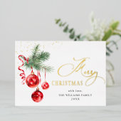 エレガントなクリスマスオーナメント 赤いボール 2枚の写真 ゴールド 箔シーズンカード (立ち正面)