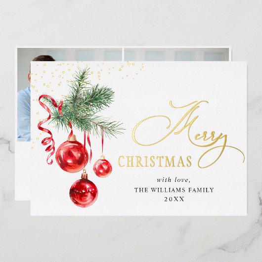 エレガントなクリスマスオーナメント 赤いボール 2枚の写真 ゴールド 箔シーズンカード (正面/裏面)