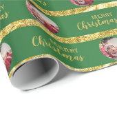 エレガントなクリスマスグリーン＆ゴールドのストライプ ベイビー写真 ラッピングペーパー (ロールコーナー)