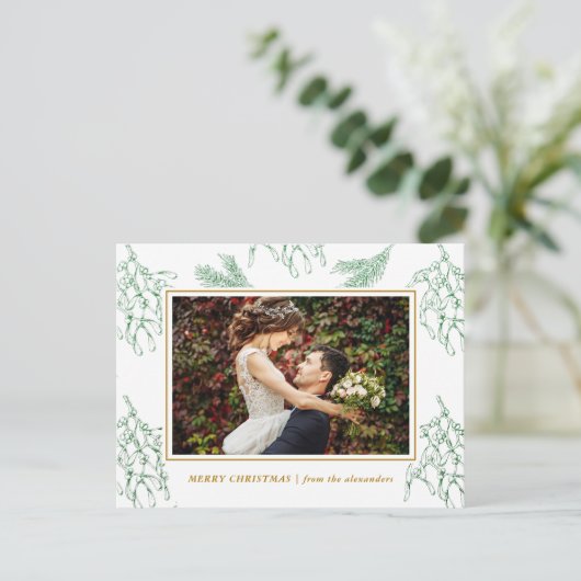 エレガントなクリスマスツリーのミステルグリーンとゴールドの写真 シーズンポストカード (スタンド正面)