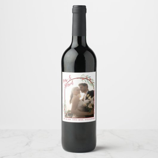 エレガントなクリスマスツリーの新婚夫婦の写真 ワインラベル (正面)