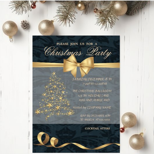 エレガントなクリスマスツリー、リボン、クリスマスパーティー 招待状